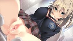 1girl blonde_hair blue_eyes blush breasts censored game_asset grace_thompson hetero homestay_a_la_mode large_breasts mosaic_censoring plaid_clothes plaid_skirt pleated_skirt pussy_juice skirt solo_focus spread_legs sweater tai_(nazutai)