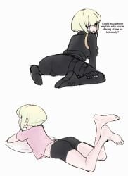 1boy 1femboy androgynous ass ass_focus blonde_hair bob_cut bulge bulge_through_clothing dialogue embarrassed femboy femboy_only feminine_faced_male feminine_male full_body fully_clothed lio_fotia looking_at_viewer male male_only nervous oblivious petite petite_body petite_male promare short_hair short_male slim slim_male slim_waist solo suggestive_posing text thin thin_male thin_waist tight_clothing twink