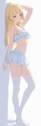 blonde blonde_female blonde_hair full_body green_eyes hand_on_hair lillie_(pokemon) looking_at_viewer pokemon revealing_clothes side_view small_breasts standing stockings white_stockings