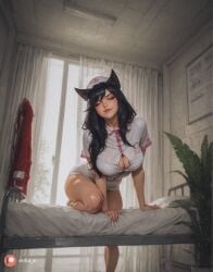 1girl ahri ahri_(league_of_legends) ai_generated aisinful all_fours animal_ears ass big_ass big_boobs big_butt black_hair blush breasts butt cleavage cleavage_cutout closed_eyes clothing_cutout curtains facial_mark female hat hi_res large_breasts league_of_legends long_hair medium_breasts nurse nurse_cap solo thick_thighs wide_hips