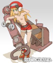 blonde_hair casual_nudity casual_topless gloves green_eyes hat looking_up machine mega_man mega_man_legends nonsexual_nudity pantsu_ripper roll_caskett shoes shorts shorts_only sweat sweating topless wrench