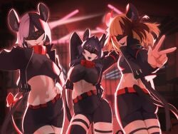 3girls animal_ears arms_behind_head ass backup_dancer_(hakos_baelz) belt black_hair blindfold blindfold_mask blonde_hair blue_hair breasts brown_hair clothed clothed_female collar cosplay crop_top facing_away gigi_murin hair_intakes hair_vents hand_on_hip hips hololive hololive_english hololive_english_-advent- hololive_english_-council- hololive_english_-justice- hololive_english_-promise- inner_ear_fluff jacket koizumi_arata large_breasts looking_at_viewer looking_back mask masked masked_female mouse_ears mouse_tail mouth_open multicolored_hair navel open_jacket ouro_kronii peace_sign rat_ears rat_tail ribbon sharp_teeth shiori_novella short_hair shorts small_breasts smiling thigh_strap thighhighs thighs tongue tongue_out twin_tails two-tone_hair virtual_youtuber white_hair