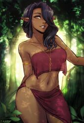 1girls alternate_version_available athletic dark-skinned_female dark_elf dark_hair dark_skin elf elf_ears elf_female facing_viewer female female_only fit fit_female hair_over_one_eye iahfy looking_at_viewer original_character outdoors pointy_ears posing smiling solo