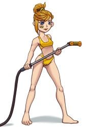 1girls blonde_female blonde_hair blue_eyes car_wash digital_art quantum_heroes_dinoster spacechoochoo yellow_bikini