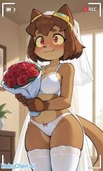 1girls ai_generated blush blushing boquet burgundy_eyes cat_ears cat_tail catgirl gameoverse glitch_productions goggles goggles_on_head holding_flowers kit_(gameoverse) kit_bodega recording red_flowers wedding_dress wedding_veil white_bikini