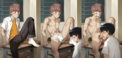 2boys black_hair blackboard blowjob blushing brown_hair classroom comic edit gay go_for_it,_nakamura-kun!! hirose_aiki looking_at_another nakamura_okuto naked naked_male_with_clothed_male school_desk school_uniform socks underwear underwear_only white_underwear