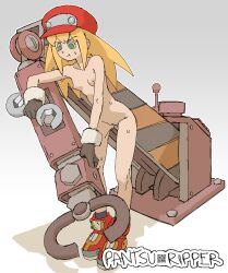 blonde_hair casual_nudity completely_nude gloves green_eyes hat looking_down machine mega_man mega_man_legends naked nonsexual_nudity pantsu_ripper roll_caskett shoes sweat sweating wrench