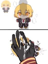 1girl 1other 2koma a73398190 after_sex badge black_coat black_gloves black_pants blonde_hair blurry blush bob_cut brown_shoes chain chibi coat collared_shirt comic covered_face cum cum_on_body cum_on_hands dante_(limbus_company) depth_of_field don_quixote_(limbus_company) erection gloves heart highres implied_sex limbus_company long_coat looking_at_viewer lying medium_hair meme miniature necktie on_back pants penis_shadow project_moon red_coat red_necktie shadow shinji's_fapping_hand_(meme) shirt shoes silhouette simple_background smile standing stuffed_toy torn_clothes twitching white_background white_shirt