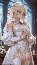 1girl ai_generated artist_name bare_shoulders blonde_hair blue_eyes breasts bridal_veil candle church cleavage closed_mouth corset cross decurse detached_sleeves erection flower futanari garter_belt garter_straps genshin_impact indoors jean_gunnhildr jewelry large_breasts long_hair muscular muscular_female own_hands_clasped own_hands_together penis ponytail praying pubic_hair solo stained_glass testicles thighhighs uncensored veil watermark white_flower white_thighhighs