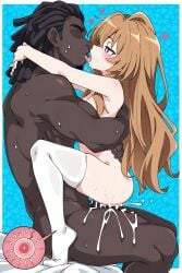 1boy 1girls aisaka_taiga arms_around_neck bed big_penis bigduda blacked cum dark-skinned_male dreadlocks french_kiss hugging impregnation interracial kissing large_penis ovum petite saliva sitting size_difference squatting_cowgirl_position straddling taiga_aisaka thighhighs