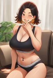 ai_generated belly_piercing big_breasts brunette calvin_klein giggle laugh short_hair