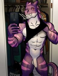 abs albert_(frankyzaraki) anthro balls bgn biceps cellphone claws clothed clothing deltoids dragon genitals hi_res horn humanoid_genitalia humanoid_penis looking_at_viewer male muscular muscular_anthro muscular_male non-mammal_balls non-mammal_navel nude pecs penis phone purple_body raised_clothing raised_shirt raised_tank_top raised_topwear red_eyes reptile scalie selfie shirt smartphone smile solo solo_focus stripes tank_top topwear two-tone_body white_balls white_body