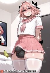 1boy 2026 2d absurd_res absurd_resolution absurdres ai_generated areola astolfo_(fate) bed bedroom behind black_bow black_underwear blush buttocks completely_nude crop_top erect_nipples fate_(series) fate_apocrypha fate_grand_order fate_stay_night female_focus fruit garter_belt hair_bow happy_smile hi_res high_quality high_resolution highres image looking_at_viewer male male_focus male_only mirror naked nipples nude patreon patreon_username pear pink_hair pink_skirt pleated_skirt rear_view reflection sailor_collar school_uniform short_sleeves skirt_lifted solo solo_focus thighhighs watermark white_streak white_thighhighs yukinyami
