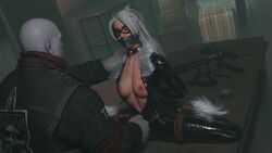1girl1boy 3d_(artwork) albino black_cat_(insomniac) black_cat_(marvel) bondage bound catsuit damsel_in_distress daz3d daz_3d daz_studio distress fearful_expression felicia_hardy frogtie frogtied gagged insomniac_games leather marvel marvel_comics mask masked_female peril rope_bondage spider-man_(ps4) spider-man_(series) spider-man_2_(ps5) stripped tape_gag taped_mouth tied_legs tombstone unzipped_jumpsuit warehouse white_hair wolfguybynight