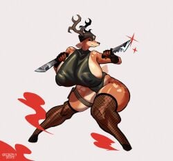00ketsui 1girls anthro antlers ass black_sclera breasts deer female female_only fishnets furry furry_only hat huge_breasts knife nipple_bulge thick_thighs weapon wide_hips yellow_eyes