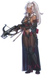 1girls artist_request bangs belly_button cleavage cleavage_cutout crossbow crossbow_bolts dark-skinned_female dark_skin detached_sleeves female female_focus female_only fingerless_gloves gloves long_hair looking_to_the_side navel ponytail red_eyes sideboob solo solo_female solo_focus tagme white_hair