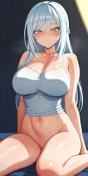 1girl ai_generated bottomless camisole cleavage groin large_breasts mature_female navel original posing self_upload simple_background wariza