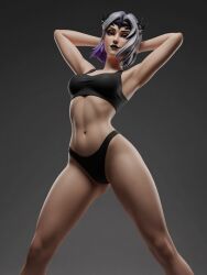 1girls 3d ai_generated catcherart curvy epic_games female female_only fortnite fortnite:_battle_royale light-skinned_female light_skin looking_at_viewer medium_breasts partially_clothed persephone_(fortnite) purple_eyes short_hair solo solo_female sports_bra standing tagme thick_thighs thighs white_hair