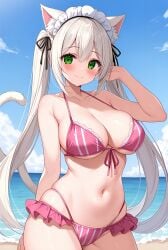 1girl adorable animal_ears beach belly belly_button bikini bikini_bottom bikini_top blush cat_ears cat_girl cleavage curvy day frilled_bikini furry green_eyes hands_behind_head headband jeshua_58 lace_trim large_breasts long_hair looking_at_viewer maid_headdress navel oc ocean original original_character pink_bikini sand seaside sky smile solo standing striped_bikini summer sweat tail white_hair
