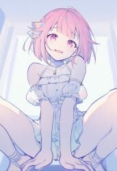 artist_request below_view blue_eyes hands_on_floor pink_hair short_skirt smiling_at_viewer