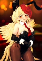 1girl 1girls ass_visible_through_thighs bare_shoulders big_breasts bird_tail bird_wings black_gloves black_hairband black_leotard blonde_hair blush blush_lines blushing blushing_at_viewer breasts brown_pantyhose bunny_ears bunny_girl bunnysuit chicken chicken_girl clothes_between_breasts collar collarbone detached_collar elbow_gloves fake_animal_ears feathered_wings feathers gloves hairband kutaka_niwatari large_breasts leotard long_gloves looking_at_viewer multicolored_hair nama_shirasu necktie necktie_between_breasts nervous nervous_smile open_mouth orange_eyes pantyhose playboy_bunny rabbit_ears red_hair red_necktie short_hair strapless strapless_leotard sweat sweatdrop tail thick_thighs touhou two-tone_hair wide_hips wide_thighs wings wrist_cuffs