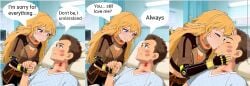 ai_generated hospital hospital_gown kissing making_up original_character prosthetic_arm rwby yang_xiao_long