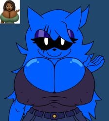 2d 2d_(artwork) agrexoaxo black_eyes black_tshirt blue_body blue_hair emoji fanon fanon_horrors_unknown female_only large_breasts low_cut_top nipple_outline presenting_breasts smiling smiling_at_viewer sonic.exe_(series) sonic_(series) white_pupils