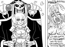 1boy 2girls ainz_ooal_gown albedo_(overlord) bb_(baalbuddy) cleavage clementine_(overlord) english english_text female funny heart hug male monochrome overlord_(maruyama) profanity sfw sitting sitting_on_lap sitting_on_person skeleton speech_bubble text text_bubble undead