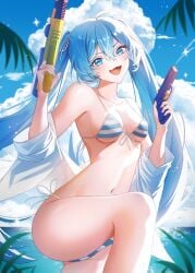 beach bikini blush fang hatsune_miku medium_breasts naughty_face outdoors shooting smile v-shaped_eyebrows vocaloid water_gun