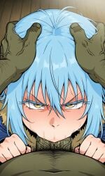 1boy 1femboy 1girls ahemaru ai_generated blowjob blue_hair blush blushing corruption deepthroat eyelashes fellatio femboy goblin goblin_male green_body green_penis green_skin kyoru189 light-skinned_female light_skin looking_at_viewer male_pov penis rimuru_tempest solo solo_female tensei_shitara_slime_datta_ken thick_penis yellow_eyes