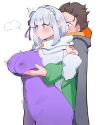 1boy 1girls blushing breast_grab cameltoe dominant_male elf elf_ears elf_female emilia_(re:zero) grabbing_from_behind groping_breasts hips large_breasts natsuki_subaru nipples_visible_through_clothing purple_eyes re:zero_kara_hajimeru_isekai_seikatsu rikkachan_1117 shaking silver_hair skin_tight_suit standing submissive_female thick_thighs white_background