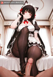 ai_generated black_hair busty chisa_(wuthering_waves) foot_fetish footjob long_hair maid maid_headdress maid_uniform pantyhose penis thick_thighs wuthering_waves