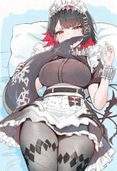 1girl 1girls artist_request blush breasts ellen_joe frown hoyoverse large_breasts lying maid_headdress nail_polish on_back pantyhose piercings pillow red_eyes short_hair shy simple_background skirt solo solo_female solo_focus tail zenless_zone_zero