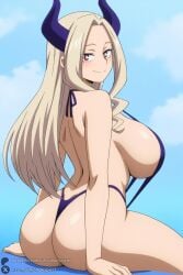 1female 1girl 1girls 2026 ai_generated artist_name ass back bare_shoulders big_ass big_breasts bikini blonde_hair blue_sky blush breasts closed_mouth cloud curvy day from_behind hi_res high_quality high_resolution highres horns huge_ass huge_breasts large_breasts long_hair looking_at_viewer looking_back mature_female mt._lady one-piece_swimsuit patreon patreon_logo patreon_username red_eyes sideboob sitting sky slingshot_swimsuit smile solo swimsuit thighs thong_bikini twitter_logo unjobdespiert watermark web_address yuu_takeyama