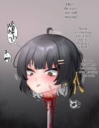 1girls ahoge black_hair blood colored_inner_hair corpse death decapitation empty_eyes english_text female_rover_(wuthering_waves) gore grey_hair guro hair_ornament multicolored_hair open_mouth rover_(wuthering_waves) sexysalad short_hair skewer snuff wuthering_waves yellow_eyes yellow_ribbon