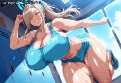 1girl ai_generated asuna_ichinose blonde_hair blue_archive blue_eyes blue_shorts blue_sports_bra blush dynamic_pose glossy_skin hair_ribbon halo huge_ass huge_breasts large_breasts locker_room long_hair looking_at_viewer oiled ponytail shiny_skin smile solo sports_bra sportswear sweat