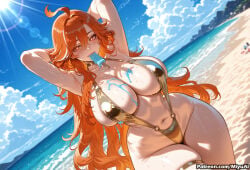 1girl ahoge ai_assisted ai_generated armpits arms_behind_head arms_up bangs beach bikini blue_sky breasts cleavage cloud cloudy_sky covered_nipples curvaceous curvy curvy_female curvy_figure day dutch_angle female food genshin_impact hair_between_eyes horizon huge_breasts long_hair looking_at_viewer mavuika_(genshin_impact) miyuai mole_on_breast mouth_hold navel ocean orange_eyes orange_hair outdoors popsicle sand shiny shiny_hair sky solo sun sunlight swimsuit thick thick_ass thick_butt thick_hips thick_legs thick_thighs thighs voluptuous voluptuous_female water wet wide_hips wide_thighs
