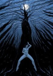 au_(artist) black_hair boli-blog breasts demonic demonic_eyes dripping_pussy fingering fingers_in_pussy forest forest_background full_moon legs masturbation nude_female public public_nudity pussy slim_female
