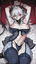 1girl ai_generated animal_ears armpits arms_up babydoll black_panties black_thighhighs blush breasts colored_skin decurse erection furry furry_female futanari garter_straps hair_between_eyes horns large_breasts lingerie long_hair looking_at_viewer lying navel nipples on_back panties penis pillow red_eyes solo tail thighhighs uncensored underwear white_hair wuthering_waves zani_(wuthering_waves)