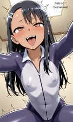 ai_generated blush bodysuit costume erect_nipples fit hayase_nagatoro looking_at_viewer mature_female paid_reward_available patreon petite sebassart sexy slim_waist smile solo tight_clothing