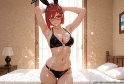 1girl ai_generated animal_ears areola_slip armpits arms_behind_head arms_up bangs bed bedroom bikini black_bikini blush breasts cleavage closed_mouth collarbone cowboy_shot fake_animal_ears glasses hairband indoors kermixx lamp large_breasts looking_at_viewer naruto_(series) navel o-ring o-ring_bikini on_bed pillow rabbit_ears red_eyes red_hair shiny shiny_skin short_hair skindentation smile solo standing stomach sweat swimsuit thigh_gap uzumaki_karin wet window