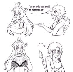 ... 2girls bra_strap bra_strap_is_showing_(meme) cleavage demon_tail female_only galaty_dubs long_hair no_color original original_character portuguese portuguese_dialogue portuguese_text short_hair showing_bra showing_breasts speech_bubble tail twitter_link