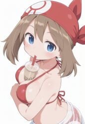 above_view ai_generated big_breasts bikini brown_hair looking_at_viewer may_(pokemon) pokemon tapioca_challenge