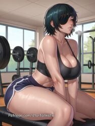 1girl ai ai_generated curvy_figure green_hair gym gym_uniform himeno_(chainsaw_man) large_breasts perfect_body seductive short_hair swear thick_thighs