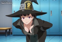1girl ai_generated anime anime_style bent_over black_gloves breasts brown_hair cleavage closed_mouth coat collarbone downblouse en'en_no_shouboutai enen_no_shouboutai fire_force gloves hands_on_own_hips hat hentai hi_res indoors large_breasts leaning_forward locker locker_room looking_at_viewer maki_oze medium_breasts mole mystic_maidens no_bra oze_maki pants patreon purple_eyes smile solo witch_hat
