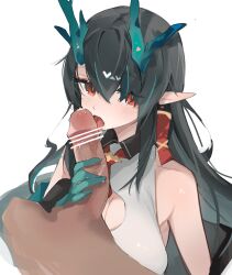 1boy alternate_breast_size arknights arm_tattoo bar_censor black_collar black_hair blush breasts censored china_dress chinese_clothes cleavage collar colored_skin cropped_torso dark-skinned_male dark_skin dragon_girl dragon_horns dress dusk_(arknights) ear_piercing erection fellatio female green_hair green_skin hair_between_eyes heart highres horns interracial large_breasts licking licking_penis light-skinned_female light_skin long_hair looking_at_viewer mikozin multicolored_hair necktie oral penis penis_grab piercing pointy_ears red_eyes red_necktie saliva simple_background sleeveless sleeveless_dress solo_focus straight streaked_hair tattoo white_background white_dress