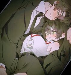 1girl1boy artist_request black_hair character_request claustrophobic_location large_breasts long_breasts office office_lady sexual_tension