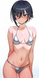 1girl ai_generated groin navel original posing self_upload silver_bikini simple_background small_breasts standing