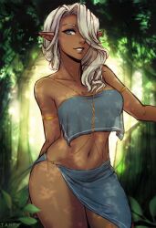 1girls alternate_version_available athletic blue_eyes dark-skinned_female dark_elf dark_skin elf elf_ears elf_female facing_viewer female female_only fit fit_female hair_over_one_eye iahfy looking_at_viewer original_character outdoors pointy_ears posing smiling solo white_hair