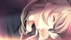 1boy 1girl blonde_hair blue_eyes blush breasts censored cleavage cum cum_in_mouth cum_overflow fellatio game_asset grace_thompson hair_between_eyes hetero homestay_a_la_mode large_breasts mosaic_censoring oral penis solo_focus sweater tai_(nazutai)